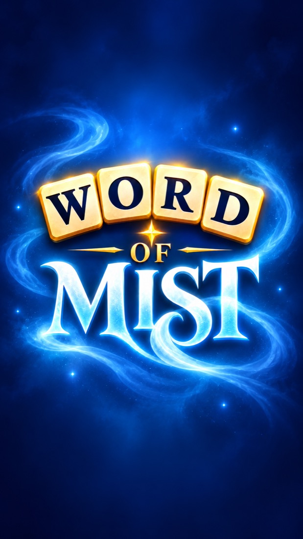 Word of Mist title art: golden letter tiles over swirling blue mist